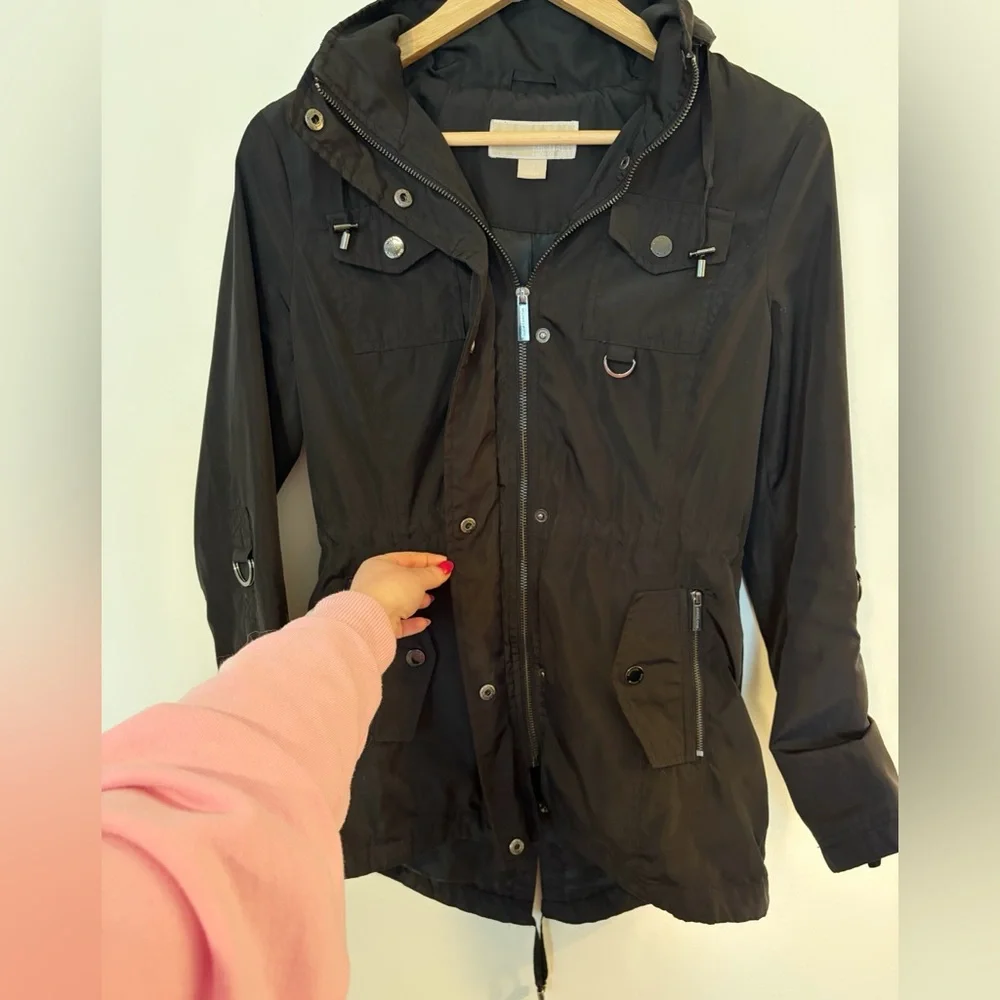 Michael Kors Black Zip Up Hooded Rain Utility Jacket